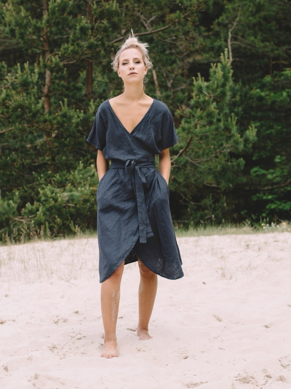 Linenfox Mimosa Linen Dress Graphite Gray Wrap Midi Minimalist S M